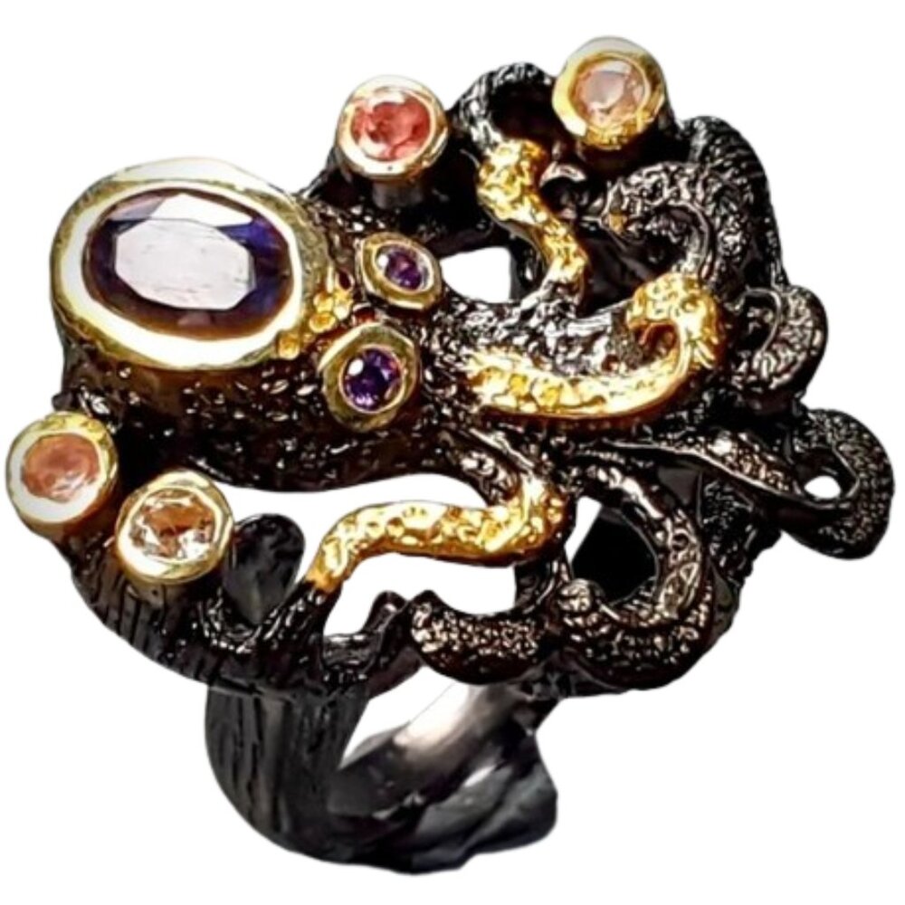 Octopus Iolite and tourmaline ring SZ 8